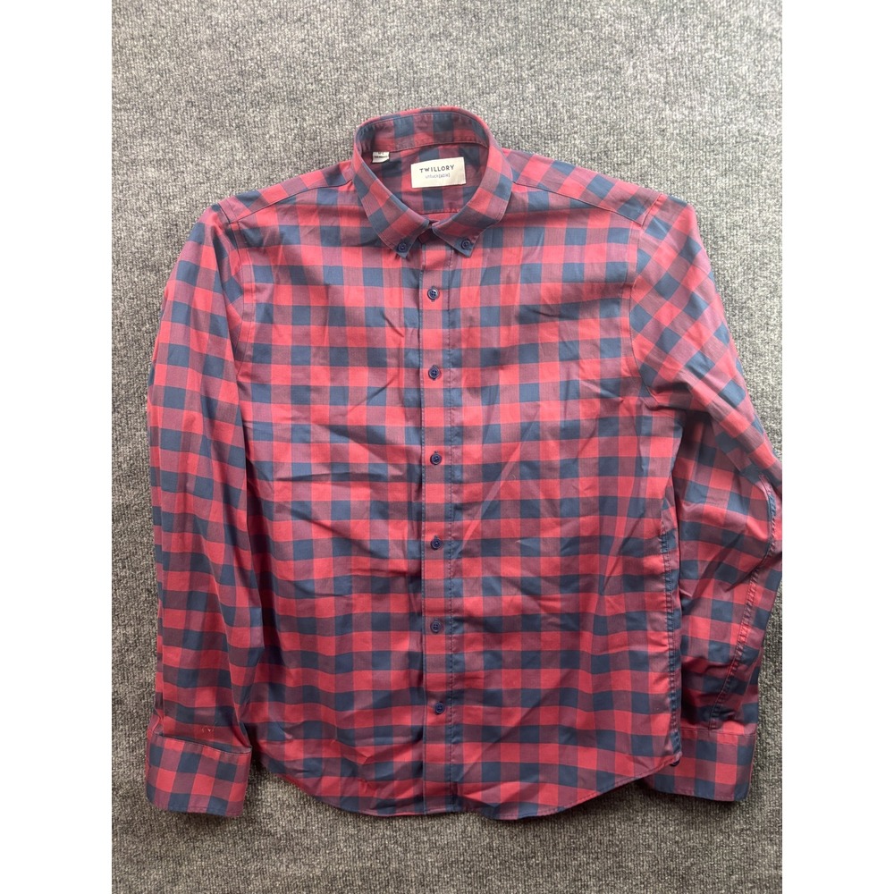 Twillory Untuckable Shirt Mens M-L Red Navy Gingham Tailored Fit Long Sleeve